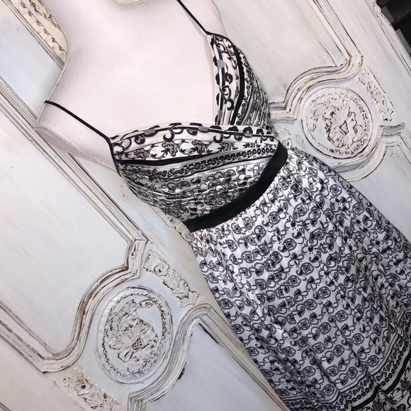 Arden B. 100% Silk Black and White Print Waisted Gathered Spaghetti Strap Dress - Picture 2 of 13